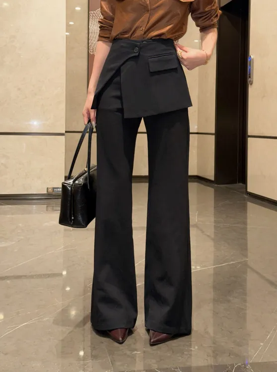 高腰裤真两件长裤微喇叭直筒裤型西装袋腰封黑色酷飒休闲裤
