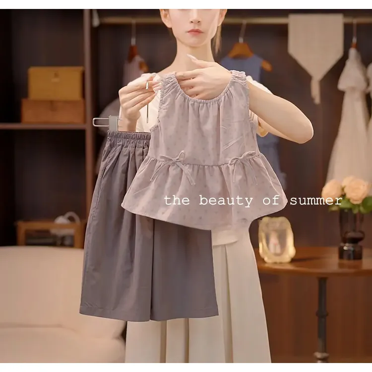 女宝女童圆点女波点森系夏季薄款女孩无袖上衣洋气外穿韩版套装潮