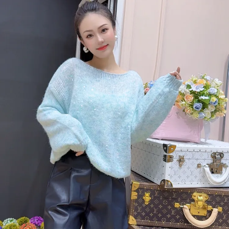 【芳芳私服】韩系慵懒风珠片款2025秋季新款气质圆领针织衫6277