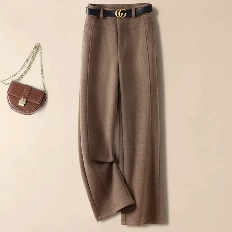 毛呢窄版阔腿裤女秋冬季新款松紧高腰时尚百搭显瘦直筒加厚裤子