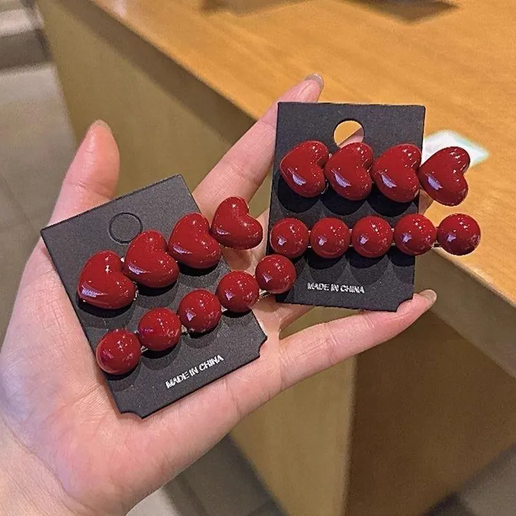 新款安可拉红小圆球发夹爱心刘海夹侧边鸭嘴夹简约发卡女百搭头饰