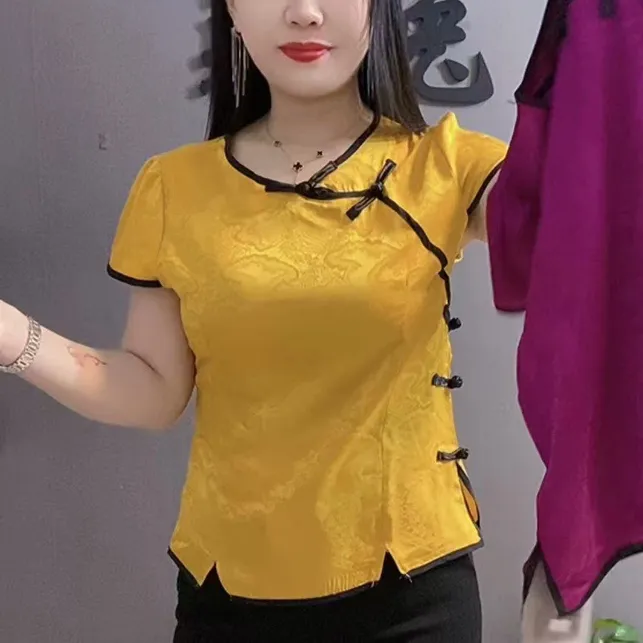 修身新中式国风斜襟短袖提花衬衫夏季高端改良旗袍小衫