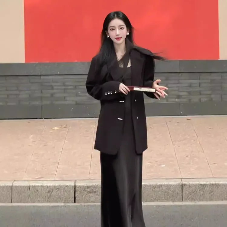 【现货挂装】大码女装春秋微胖mm套装小西装国风吊带裙两件套显瘦气
