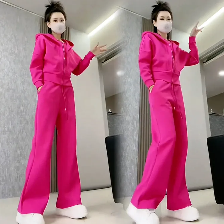高含棉休闲时尚套装女2025春秋新款气质连帽开衫卫衣阔腿裤两件套