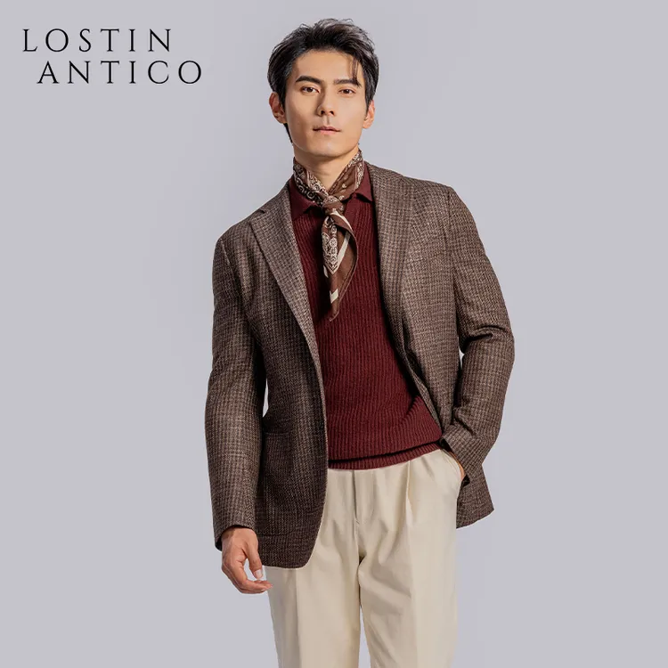 意大利Marzotto那不勒斯半麻衬毛麻丝休闲时尚修身型单排西装外套