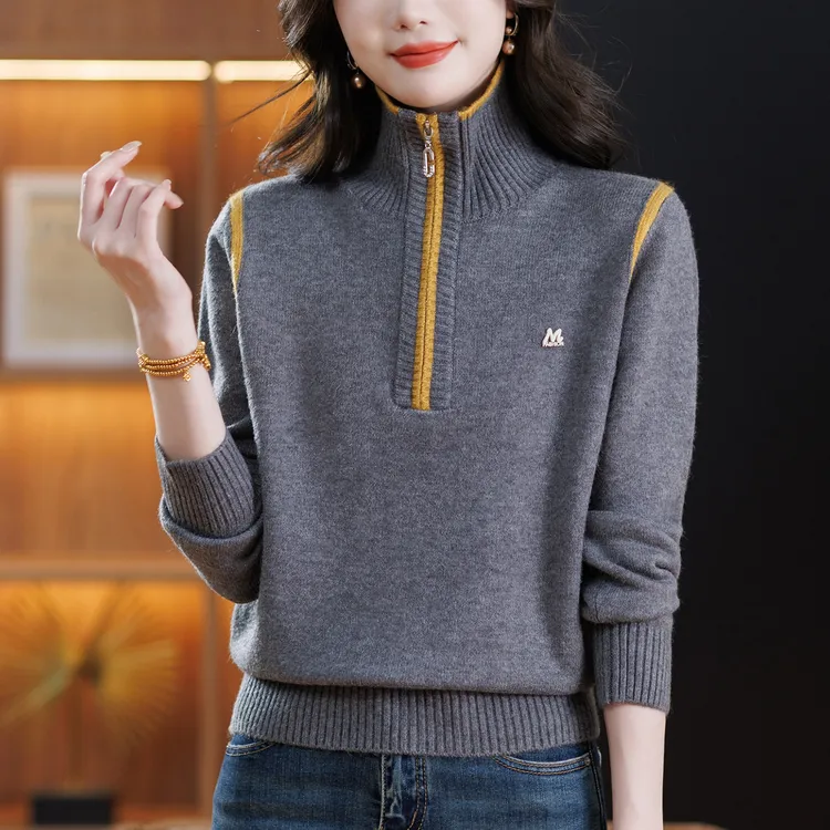 高领针织打底衫秋冬洋气时尚上衣2025新款半拉链毛衣女内搭可外穿