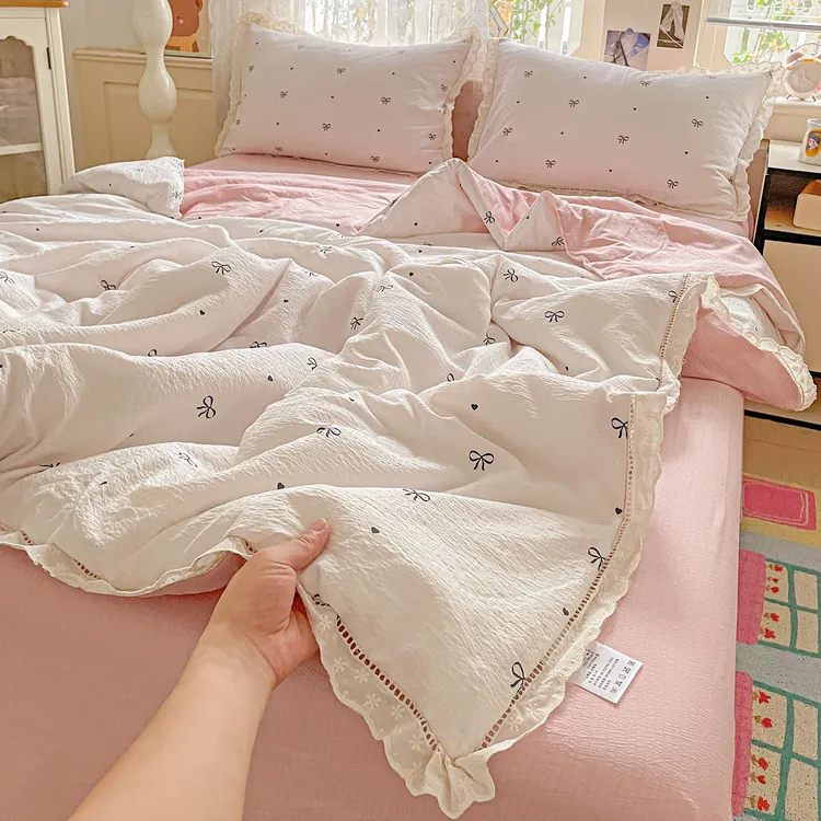 浪莎小清新花边夏凉被四件套木棉皱皱纱单人宿舍夏季单件空调被子