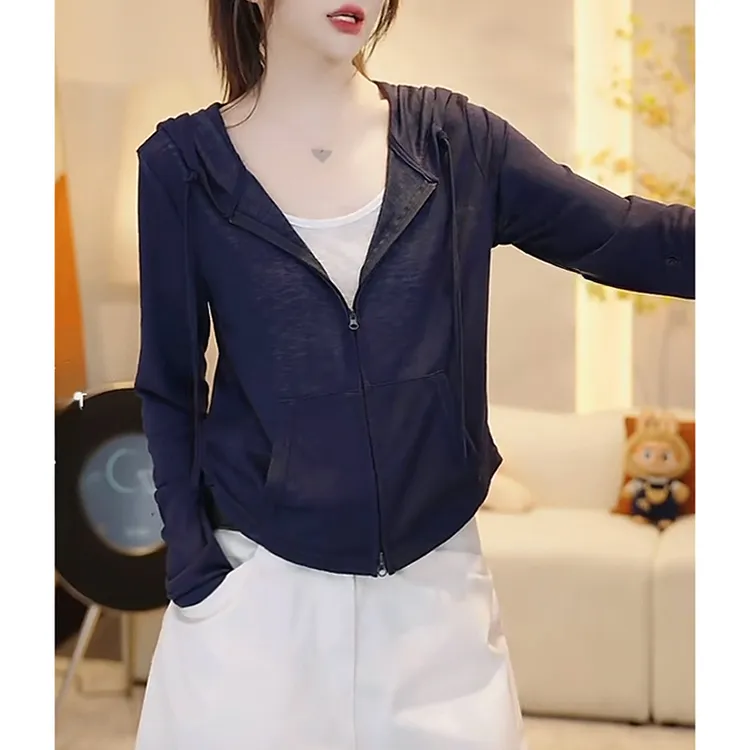 假两件连帽拉链防晒衣女士夏季2025新款长袖卫衣修身短款外套开衫