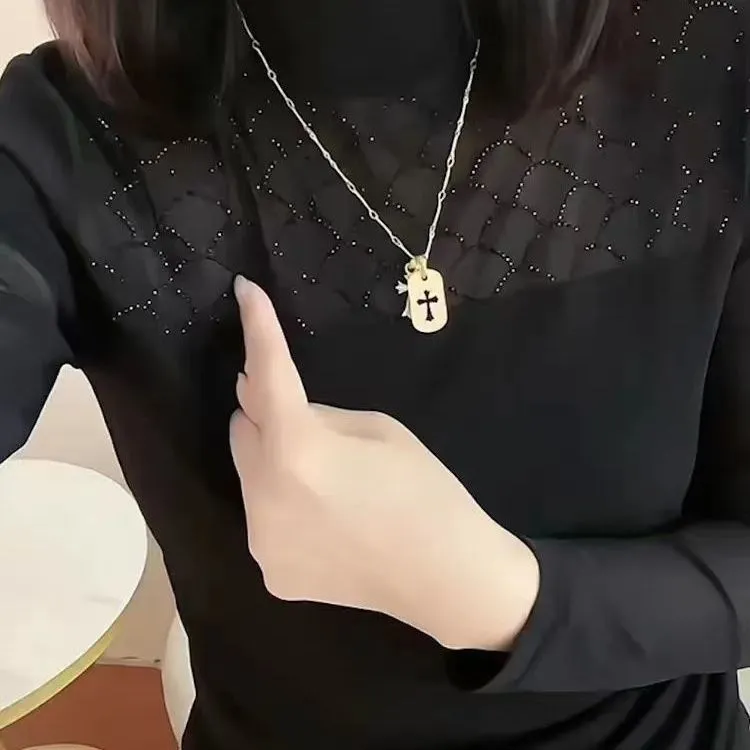 网红洋气烫钻网纱气质长袖上衣女加绒时尚显瘦打底小衫百搭半高领