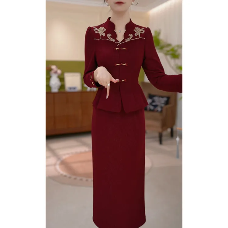 国风时尚假两件长袖连衣裙女2025春秋新款高级感妈妈婚宴礼服裙子