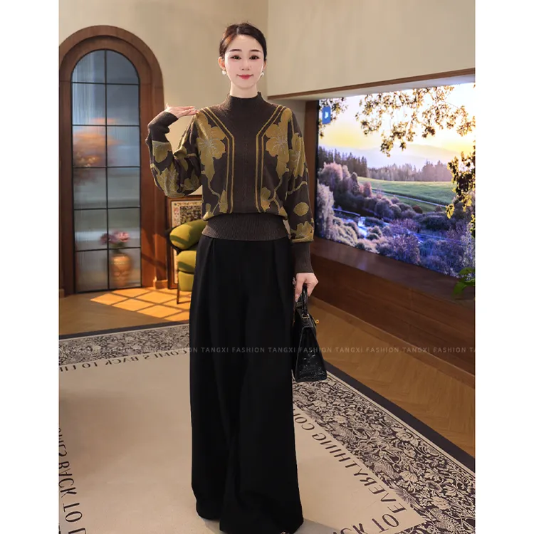 2026秋冬新款【QQ-1311JR】含绵羊毛时髦棕色套头款圆领内搭毛衣