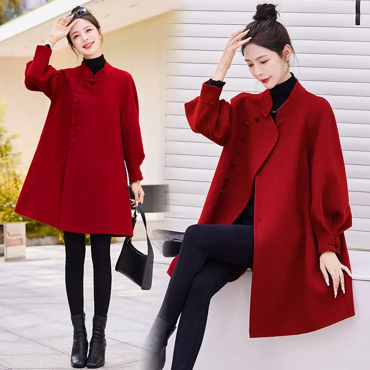 大红高级双面羊绒大衣女2025新款国风过年斗篷呢子盘扣中长款外套