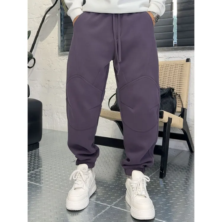 YULE语乐 2589拼接拉链设计运动卫裤冬季加绒加厚宽松休闲束脚裤