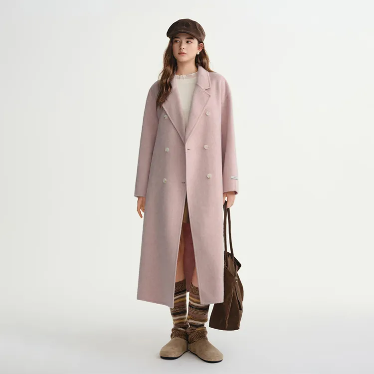 独束大码女装【奶油蜜桃】-经典双排扣大衣新品毛呢外套25DS84121
