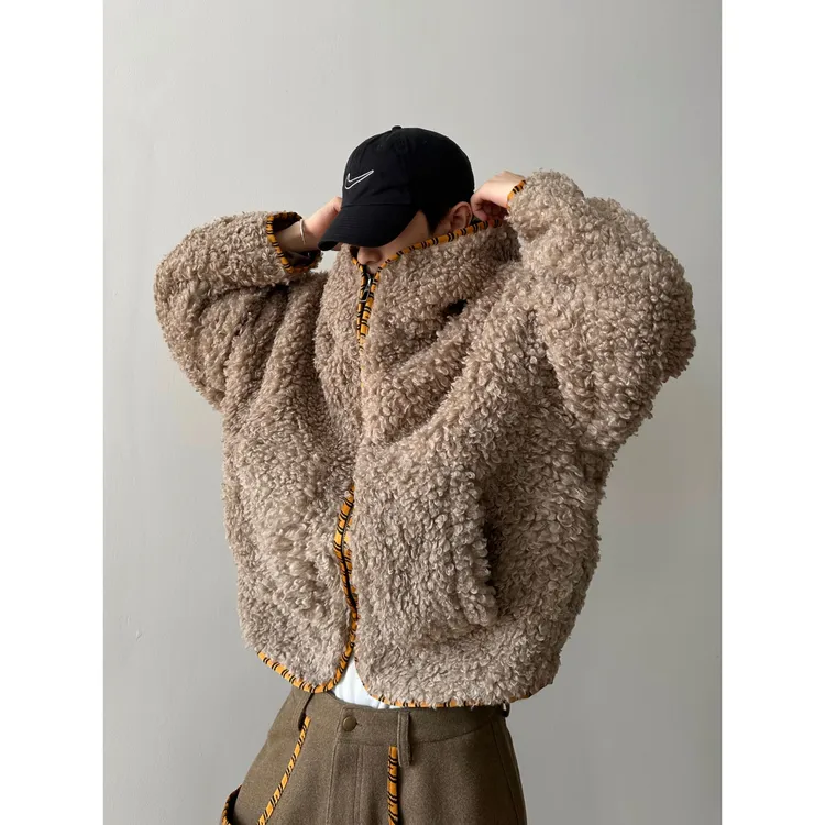 dannyandzee冬季复古虎纹织带包边连帽卷卷毛保暖加厚过冬外套867