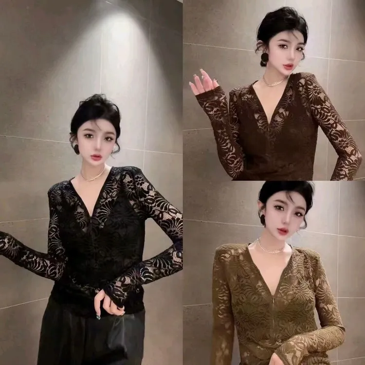 123设计感镂空提花V领蕾丝衫女秋季新款时尚洋气长袖开衫上衣小衫