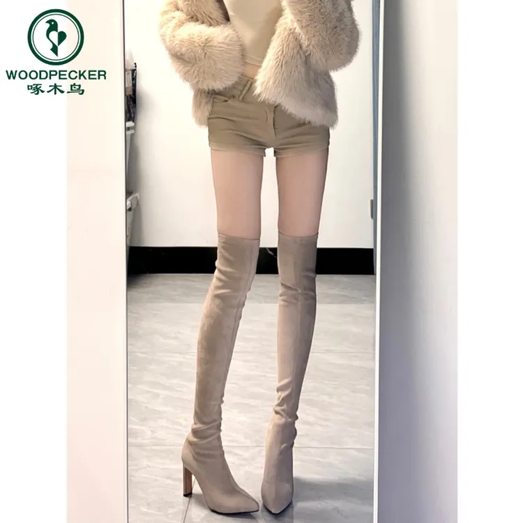啄木鸟秋冬性感尖头高跟过膝长靴女粗跟弹力瘦瘦靴细跟显瘦长筒靴