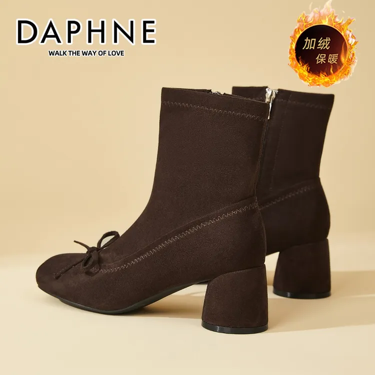 达芙妮琥珀流光高跟短靴女2025冬季新款加绒弹力瘦瘦靴百搭时装靴