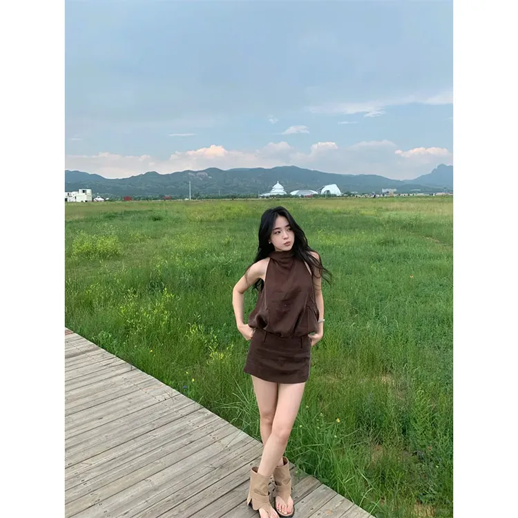 夏季小众设计感简约百搭修身显瘦无袖上衣气质时尚收腰a字半身裙