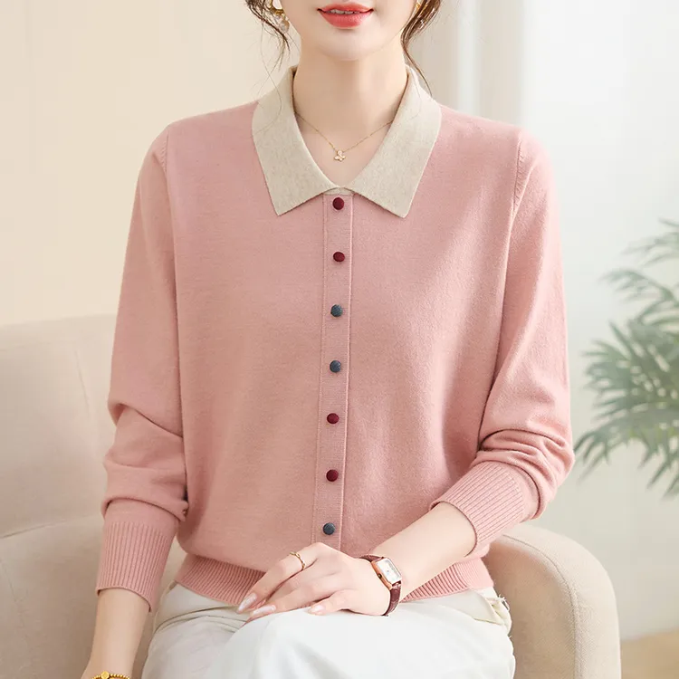 中年女装春秋翻领洋气针织上衣妈妈装时尚纯色宽松新款毛衣打底衫