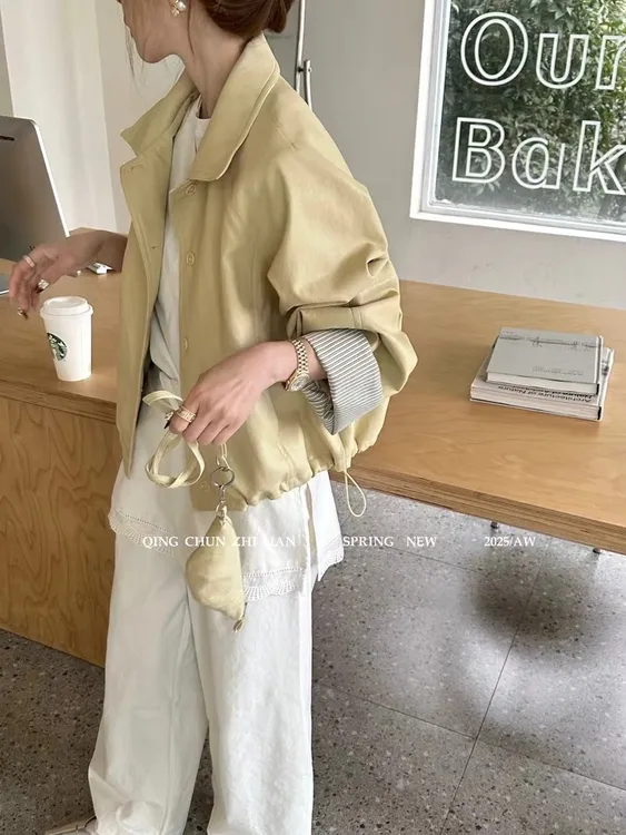 【悠悠优选】翻领宽松短款皮衣外套夹克衫休闲韩版女装春新款小个子