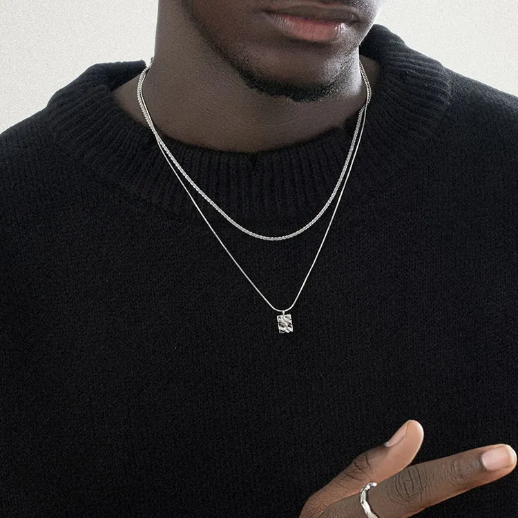 ACITY 钛钢项链 喜城轻奢小方牌双层项链男波光粼粼叠戴锁骨链女