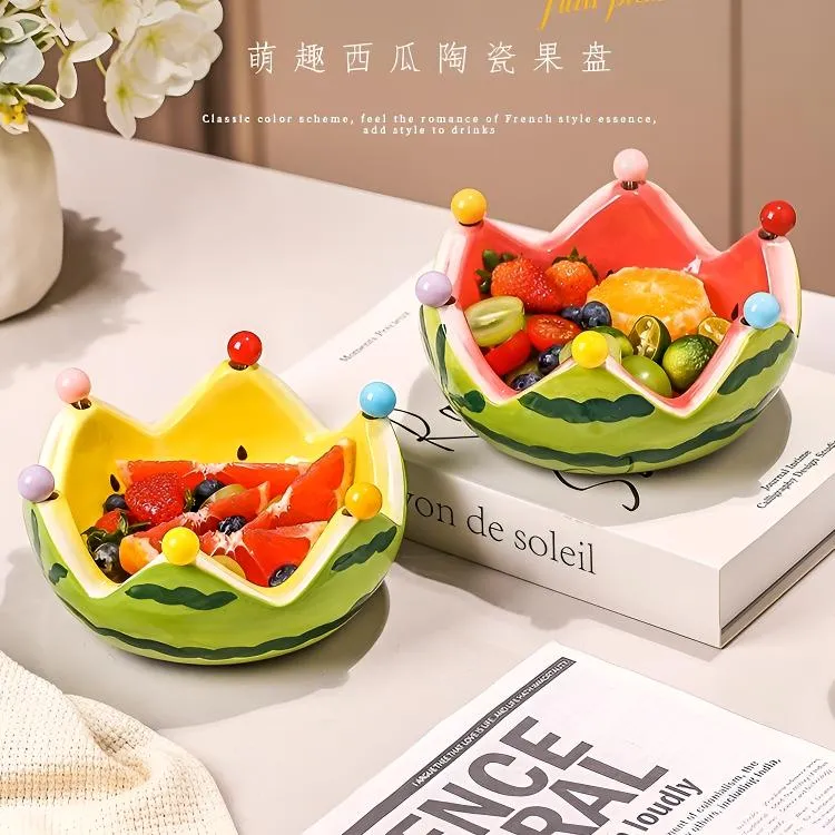 抢【包邮】创意陶瓷西瓜水果盘带不锈钢叉子套装家用客厅水果沙拉碗