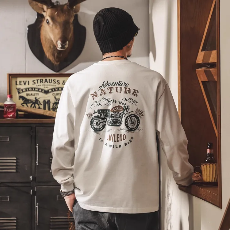 美式复古潮流机车印花长袖t恤男秋冬百搭2025新款纯棉宽松上衣男