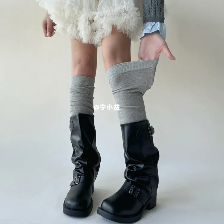 宁小益慵懒风长筒袜子女春秋薄款美拉德叠穿靴子袜灰色堆堆过膝袜