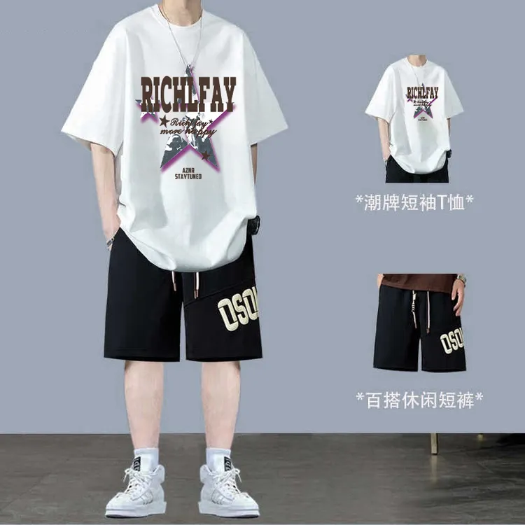 青少年夏季套装纯棉短袖T恤男生潮流帅气宽松初高中学生男士夏装