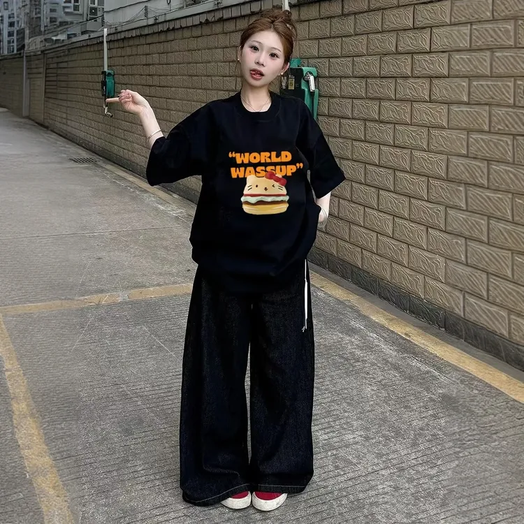 可爱汉堡包kt猫印花短袖日系原宿风T恤女夏季ins百搭上衣