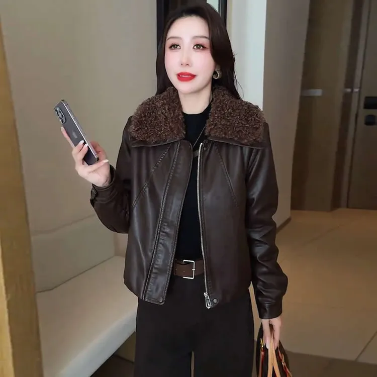 (有运费险）加绒加厚毛领拼接短款皮衣外套女冬季新款百搭显瘦上衣