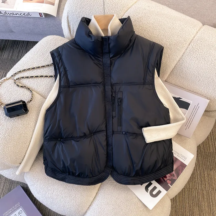 黑色棉马甲背心女秋冬季外穿百搭小个子坎肩立领马夹加厚短外套