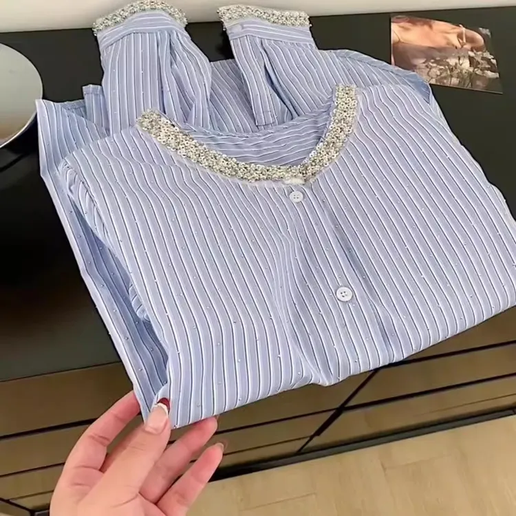 韩系亮片条纹衬衫外穿女设计感2025春季小众宽松慵懒风衬衣
