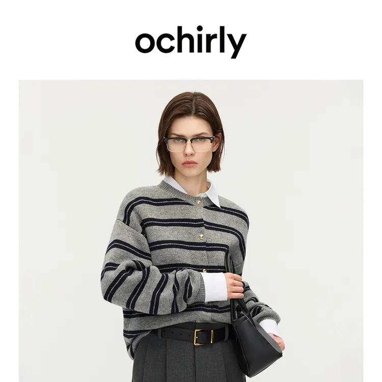 【季末折扣】欧时力 羊毛条纹针织外套休闲上衣圆领开衫2025秋新
