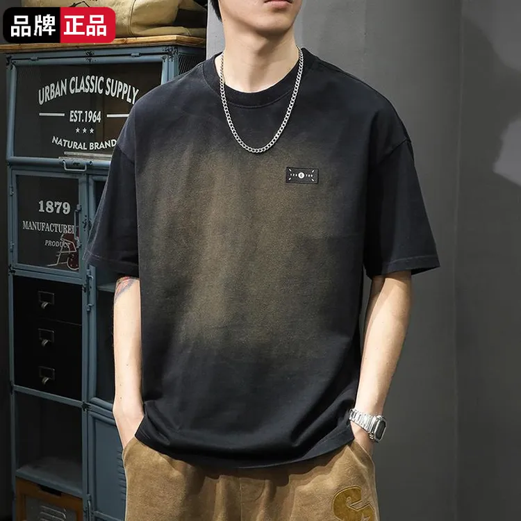 渐变水洗短袖T恤男夏季新款ins高街痞帅休闲宽松半袖圆领印花体恤