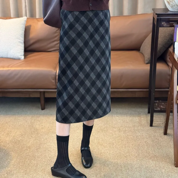 MOL CHIC"孤鹜"25秋冬羊毛半身裙女 格子半裙高级感莫兰M251020-3