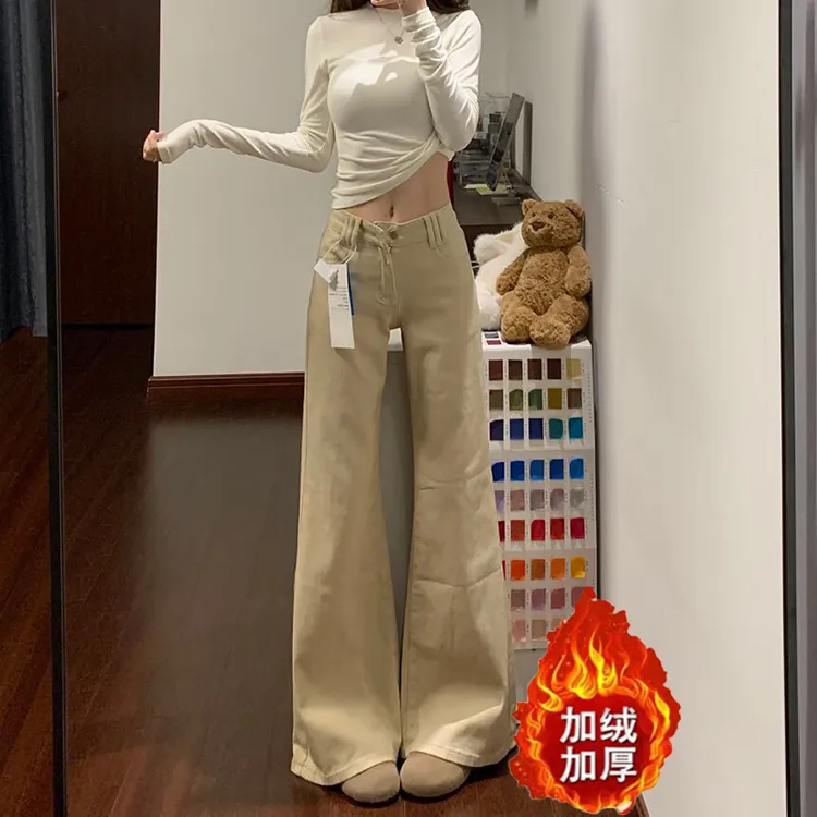美式简约设计感微喇叭裤女2025冬季新款加绒修身显瘦百搭牛仔裤