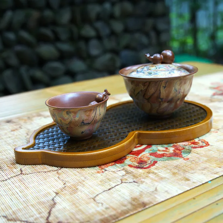 【福禄】干泡台竹编茶杯茶具收纳盘轻奢桌面茶托盘古文盘茶盘纯手工