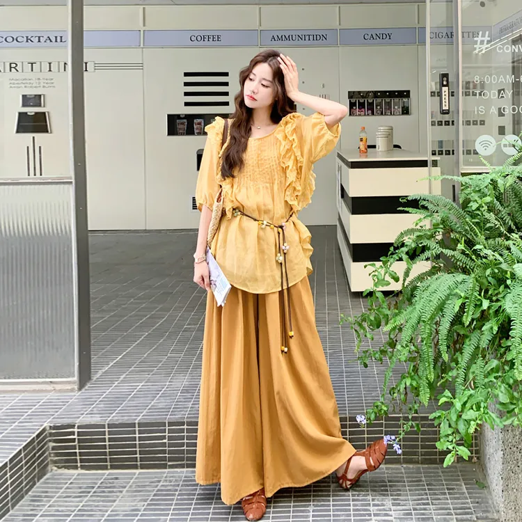 气质法式木耳边上衣阔腿裙裤2025夏季新款复古洋气优雅温柔风套装