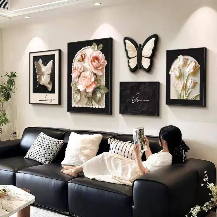 黑白灰沙发背景墙面挂画现代简约客厅装饰画日照金山法式组合壁画