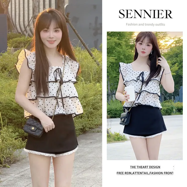 夏季温柔系穿搭女2025新款韩版时尚荷叶小飞袖波点上衣短裤两件套