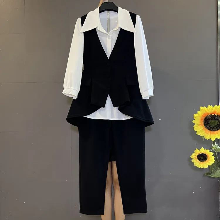 新款加大码时尚简约不规则气质显瘦三件套