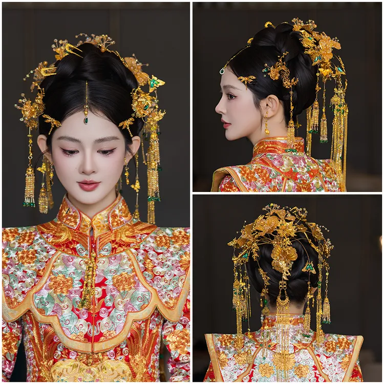 合金婚庆饰品 中式新娘金色后区秀禾服晨袍头饰龙凤褂发饰品G0323