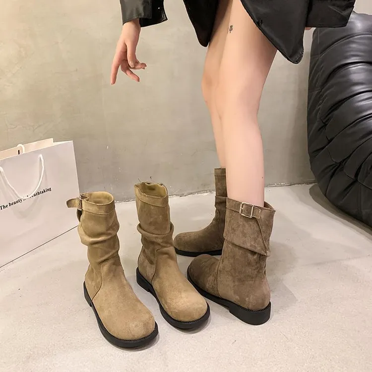 FAVMARTHA中筒短靴女2025春秋新款百搭复古骑士堆堆靴子平底套筒