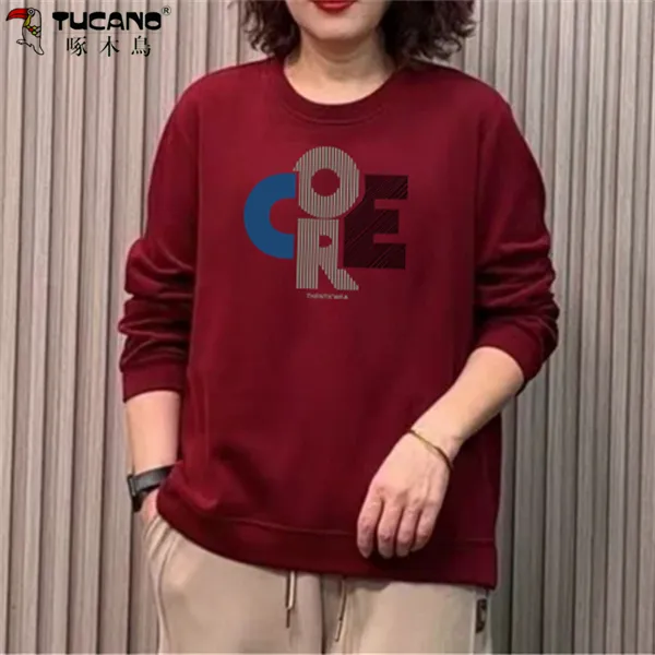 【啄木鳥】纯棉春秋新款时尚妈妈装经典百搭密松开叉长袖卫衣春秋