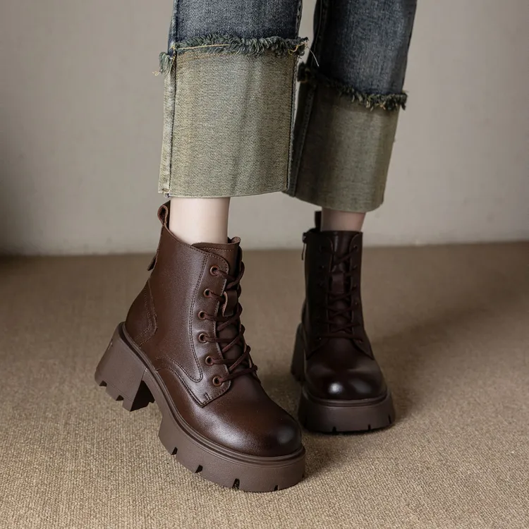【老龙原创】头层牛皮厚底7cm马丁靴2025秋冬英伦风粗跟侧短靴拉链