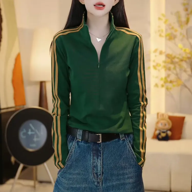 美式复古立领条纹长袖t恤女2025春秋新款显瘦休闲百搭打底衫上衣