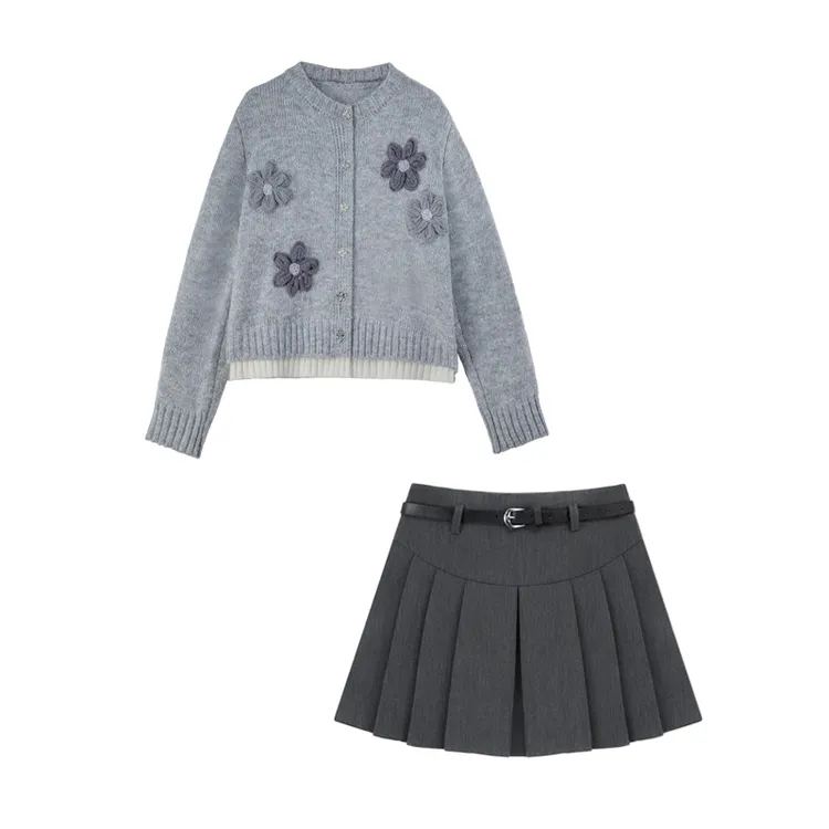 春秋穿搭一整套女2025新款花朵开衫毛衣弧边百褶短裙两件套装2009