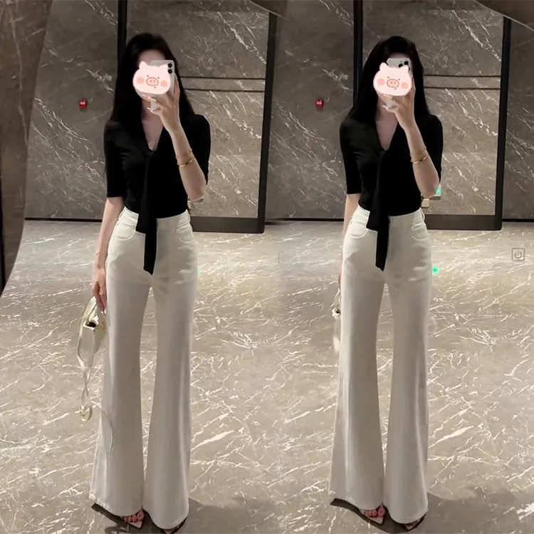 夏季爆款韩版高级感洋气修身显瘦五分袖上衣高腰微喇牛仔裤两件套